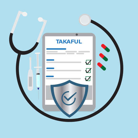 A vector of Stethoscope, takaful on tablet, other medical equipment and medicines. Takaful medical concept. Takaful in english is Islamic insurance guarantee each other against loss or damage.のイラスト素材