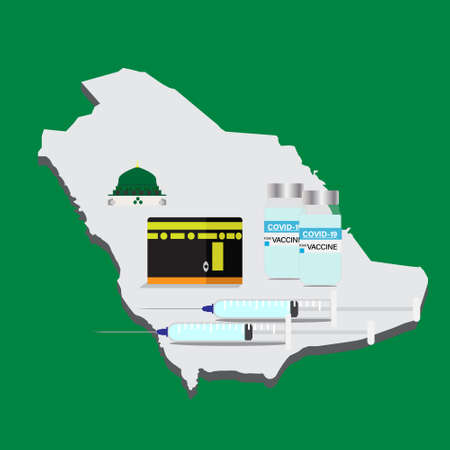 A vector of Saudi map, Kaaba, Masjid Nabawi and two doses vaccine . People that entering Saudi must get two doses vaccine.のイラスト素材
