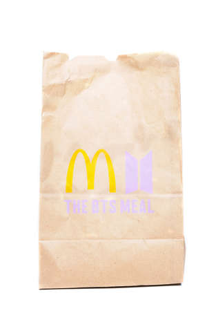 Kuala Lumpur, Malaysia- Circa May, 2021: A high key picture of McDonald The BTS Meal recycle paper...
