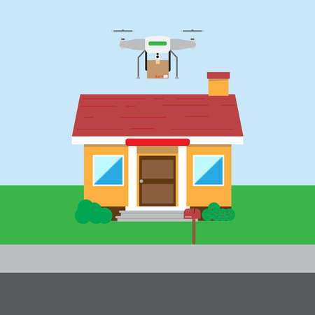 A vector of drone delivery service at the house. Future courier and delivery technologyのイラスト素材