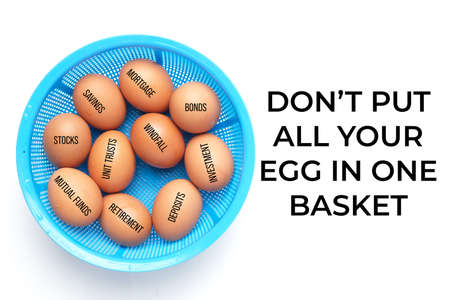 Eggs in the basket with finance item and Don't put all your eggs in one basket word. Finance and...