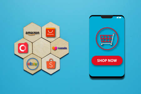 Amazon,Alibaba,Carousell,Ebay,Lazada,Shopee and smartphone illustration with trolley and order now....