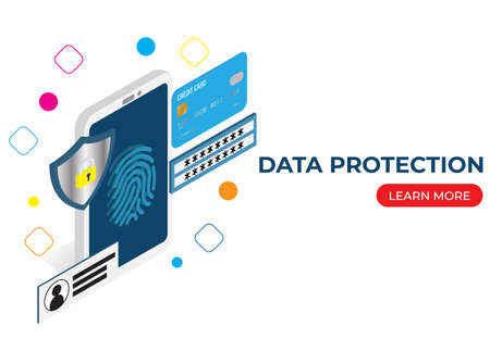 Data protection concept. Credit card check and software access data as confidential. Can use for web banner, infographics. Flat isometric illustration on white background. Learn More buttonのイラスト素材