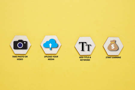 A picture of camera, upload, add title and earn money icon on. Be a contributorの写真素材