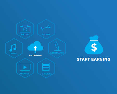 An illustration of type of media and gadget use with upload now icon. Cash bag with start earning. Become a contributor and content is another way to earn income.のイラスト素材