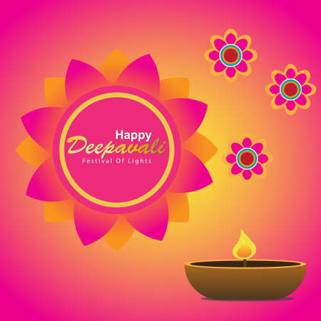 A picture of abstract flower, Happy Deepavali Festival of Lights word and oil lamp on pink and orange backgroundのイラスト素材