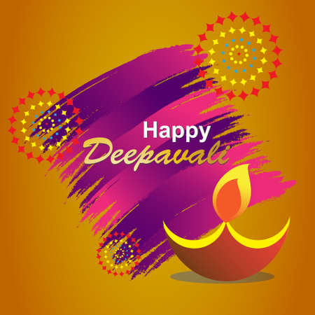 Illustration of burning diya on Happy Deepavali Holiday background with brush stroke for festival of lightのイラスト素材