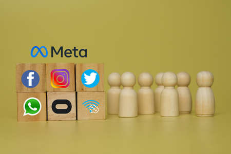 Selective focus picture of Facebook new Company Meta with social media company belong to them logo.のeditorial素材