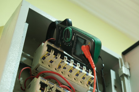 Klang, Malaysia- Circa October, 2021: Close up picture with noise effect of main switch board and...