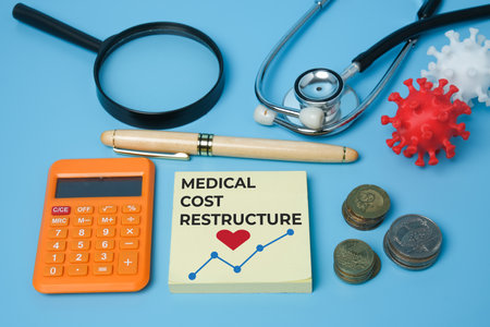 A picture of medical cost restructure word, love and graph on notepad with other prop including...