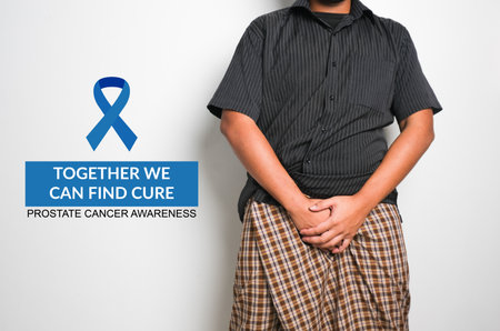 A picture of men holding his private part with blue ribbon and together we can find cure, prostate...