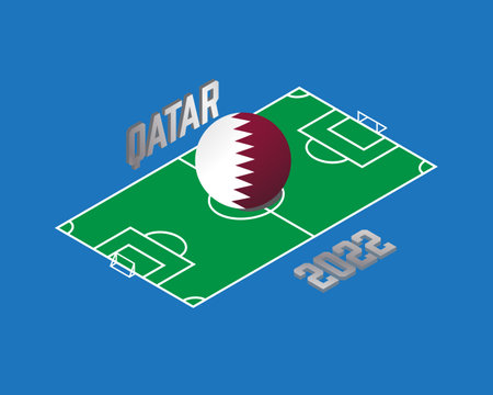 Isometric illustration of football field, ball in Qatar flag colour and Qatar 2022 word.のイラスト素材