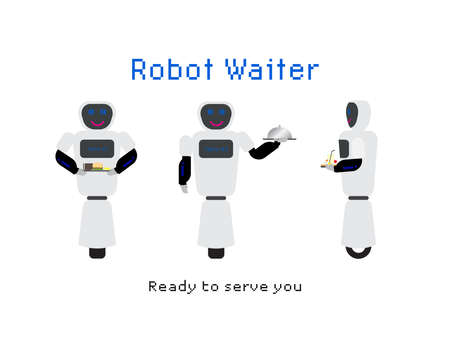An illustration of robot waiter serving food. One method of reduce workforce, advantage of using automation and cost effectiveness.のイラスト素材