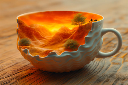 An AI generative image of beautiful nature landscape in the broken cup on the sand.の素材