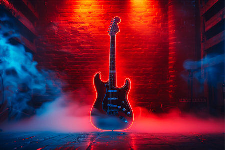 An Ai generative of neon electric guitar isolated in the room with smoke.の素材