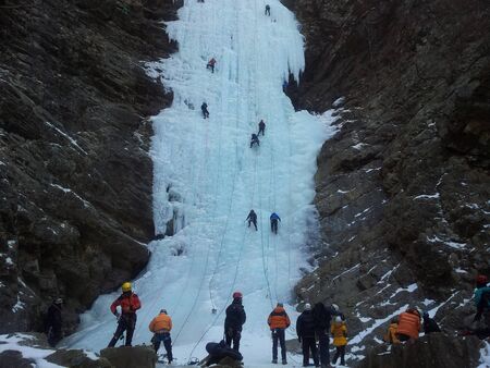 Mountaneer, Ice climber climbing frozen water of Gugok waterfall in Chuncheon cityのeditorial素材