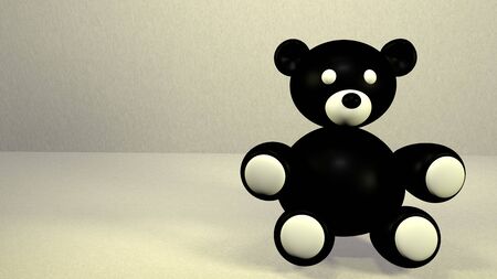 Cute baby teddy bear on beautiful background. 3D rendered colorful teddy bear sitting on floor against grey backgroundの写真素材