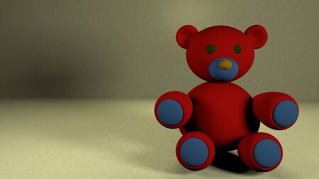 Cute baby teddy bear on beautiful background. 3D rendered colorful teddy bear sitting on floor against grey backgroundの写真素材