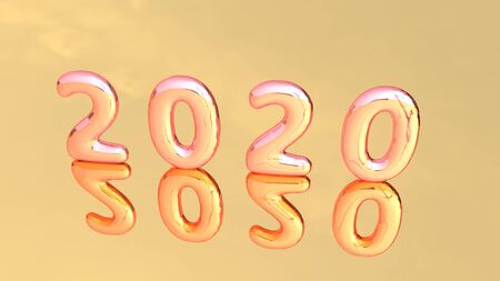 Letter 2020 with 3D shapes on a beautiful background. 3D rendered shiny letter 2020 on a mirror reflecting background.の写真素材