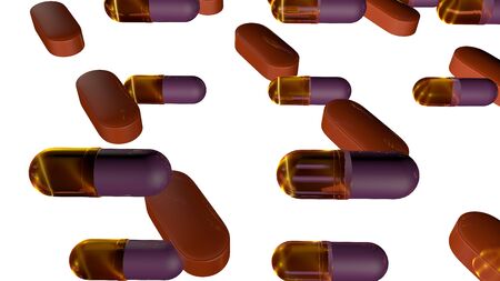 Colorful capsule pills (3d rendered) with transparent gel body and shining looks over a white background.の写真素材