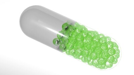 Beautiful capsule pills (3d rendered ) with shining transparent gel body having small granules. Capsule is isolated over a white background.の写真素材