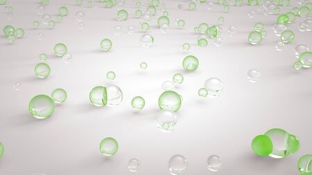 3d rendered close-up of glassy shiny colorful balls reflecting on white mirror glass floorの写真素材