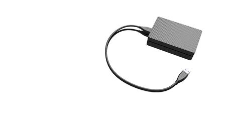 3d portable external hard disk drive with USB cable on white background. Pocket size hard drive.
