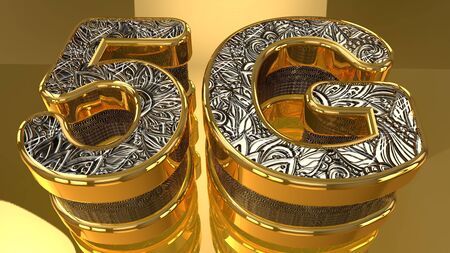 Letter 5G with 3D shapes on a beautiful background. 3D rendered golden letter 5G on a metal flower...