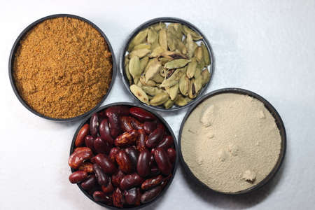 Top view of assortment of cereals, and cardamom. Collection of different spices and cereals.の写真素材