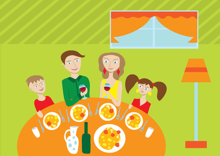 Happy family of four members at the dinner tableのイラスト素材
