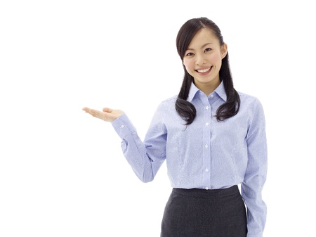 Woman introducing somethingの写真素材