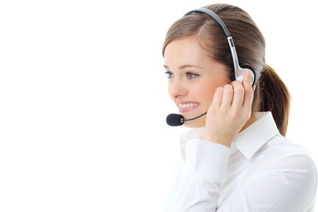 Support phone operator in headset, isolated on white の写真素材