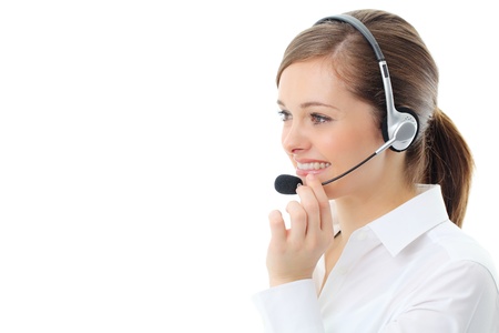 Support phone operator in headset, isolated on white の写真素材