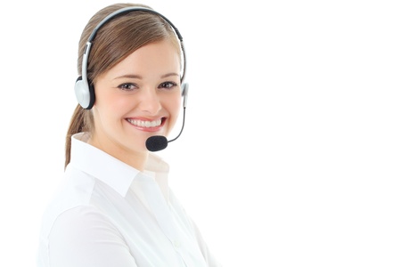 Support phone operator in headset, isolated on white の写真素材