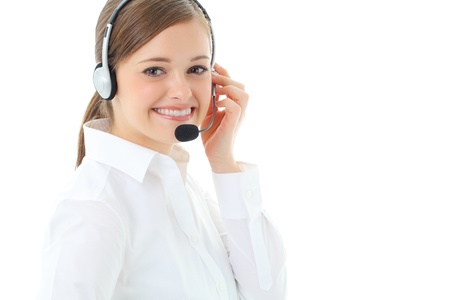 Support phone operator in headset, isolated on white の写真素材