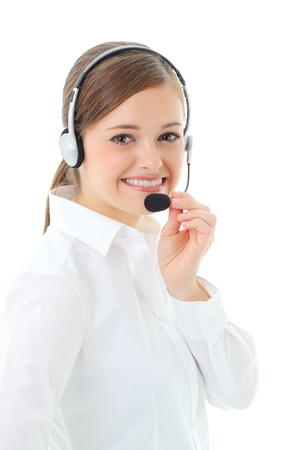 Support phone operator in headset, isolated on white の写真素材