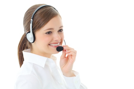 Support phone operator in headset, isolated on white の写真素材