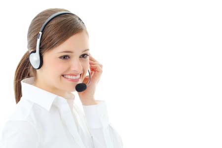 Support phone operator in headset, isolated on white の写真素材