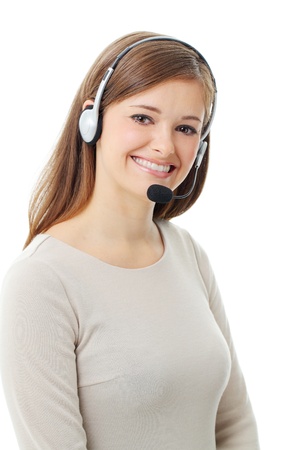Portrait of happy smiling cheerful support phone operator in headset, isolated on white backgroundの写真素材