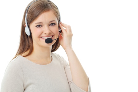 Portrait of happy smiling cheerful support phone operator in headset, isolated on white backgroundの写真素材