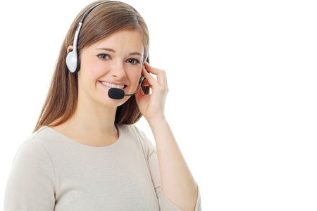 Portrait of happy smiling cheerful support phone operator in headset, isolated on white backgroundの写真素材