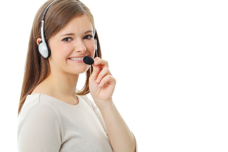 Portrait of happy smiling cheerful support phone operator in headset, isolated on white backgroundの写真素材