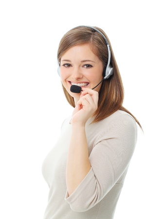 Portrait of happy smiling cheerful support phone operator in headset, isolated on white backgroundの写真素材