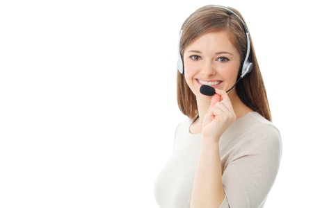 Portrait of happy smiling cheerful support phone operator in headset, isolated on white backgroundの写真素材