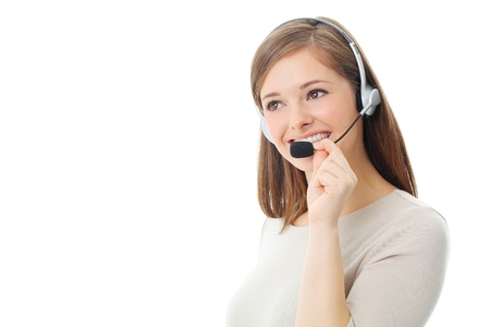 Portrait of happy smiling cheerful support phone operator in headset, isolated on white backgroundの写真素材