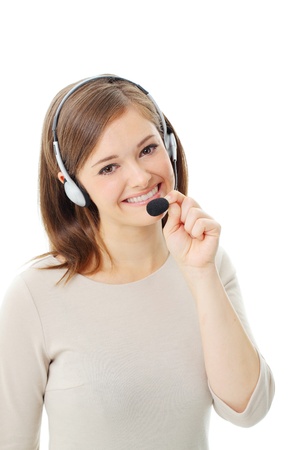 Portrait of happy smiling cheerful support phone operator in headset, isolated on white backgroundの写真素材