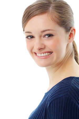 Beautiful casual young woman standing isolated against white backgroundの写真素材