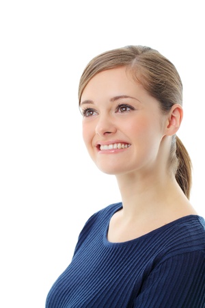 Beautiful casual young woman standing isolated against white backgroundの写真素材