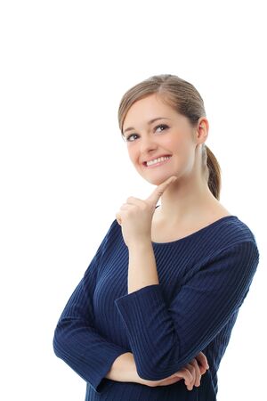Beautiful casual young woman standing isolated against white backgroundの写真素材