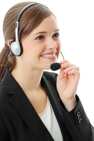 Customer service operator woman with headset, isolated on white background.の写真素材